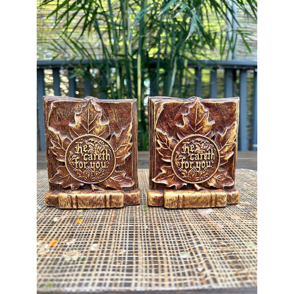 Vintage Syroco Wood Maple Leaf Bookends He Careth For You Religious Brown Pair
